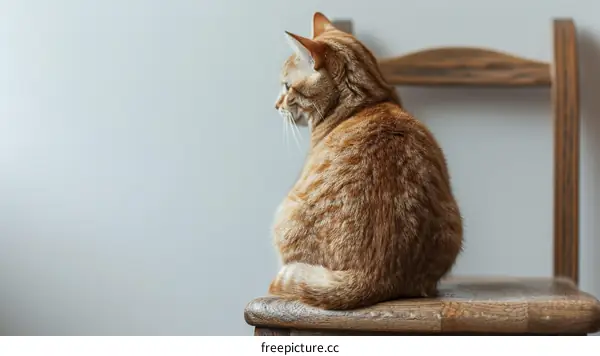 An adorable ginger cat sits on a wooden chair