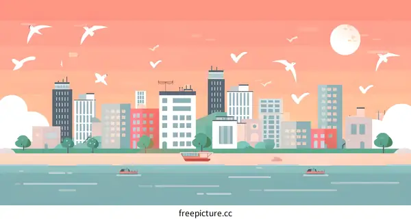 Cityscape Illustration with Seagulls and Boat