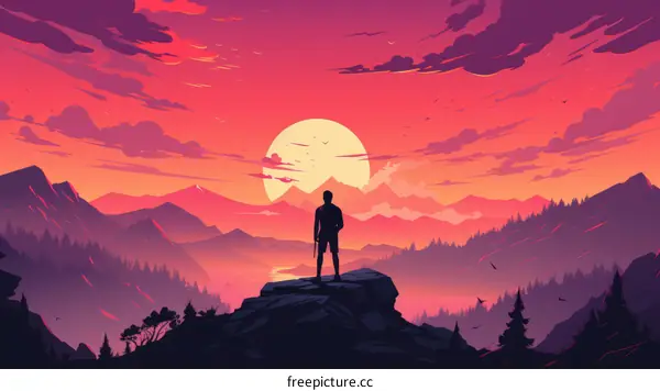 Man on cliff edge watching sunset over mountains and river