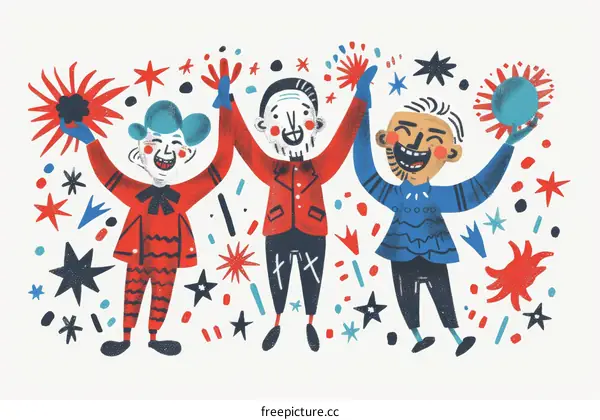 Three people in party outfits are celebrating with their hands raised.
