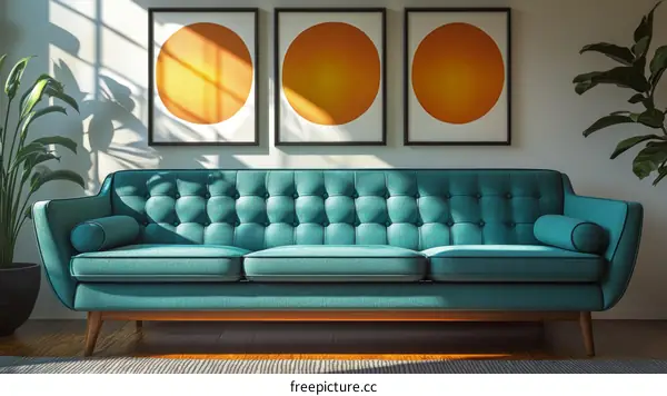 Mid-Century Modern Living Room with Teal Sofa and Art