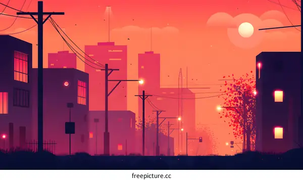 Sunset Cityscape With Buildings And Trees