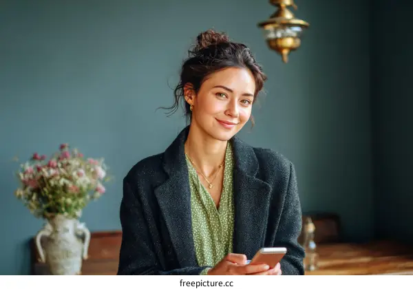 Smiling Woman Using Smartphone in Cafe