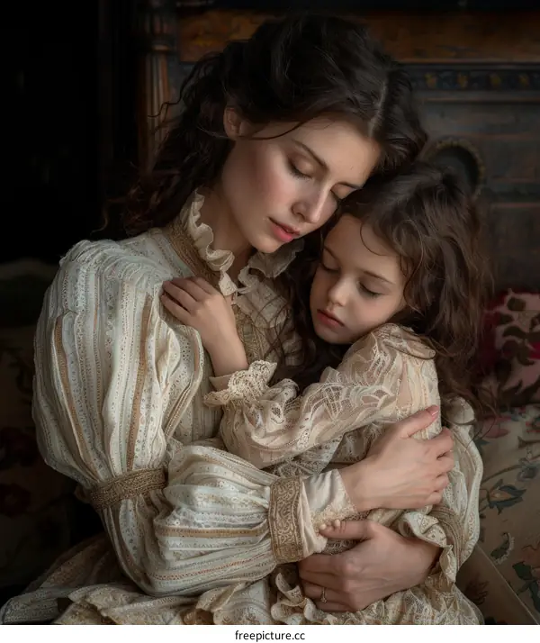 Vintage Embrace of Mother and Daughter