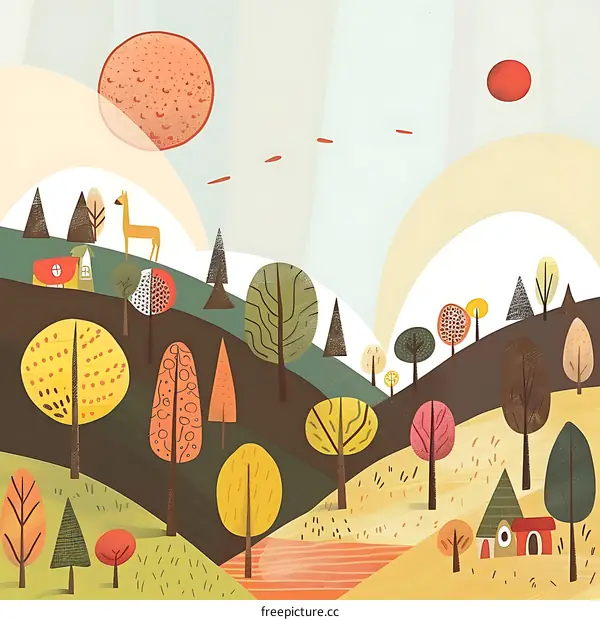 Colorful Abstract Illustration of Forest with Sun