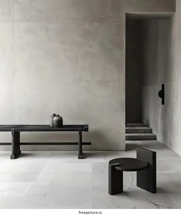 Minimalist Interior Design With Wooden Furniture And Concrete Walls