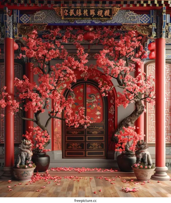 Traditional Chinese Courtyard with Red Door and Pink Flowers
