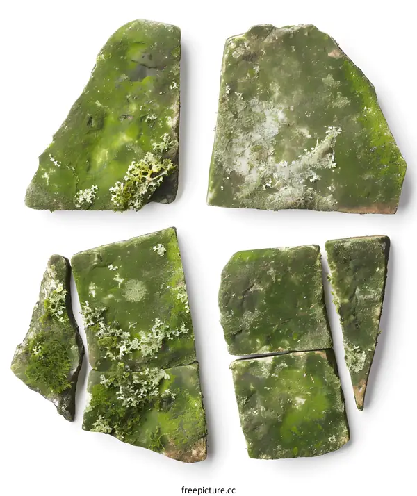 Green Mossy Broken Tiles Isolated on White Background