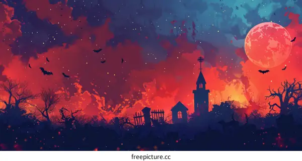 Red and blue abstract Halloween illustration of a haunted house and bats