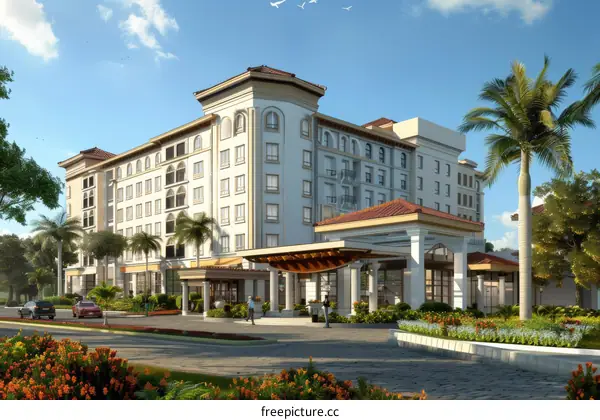 Luxury Hotel Architectural Illustration in Tropical Setting
