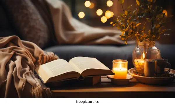 Still life with a book, a candle and a vase of eucalyptus