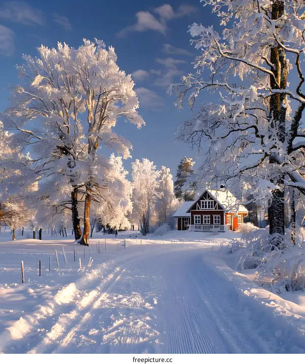 Winter Wonderland With Red House and Snowy Trees