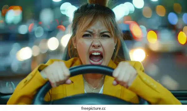 Frustrated Asian woman driving car stuck in traffic jam honking horn at night