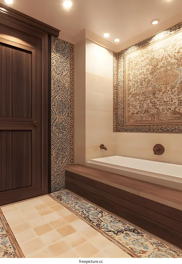 Modern Bathroom Interior Design With Wooden Floor And  Blue Tile Patterns