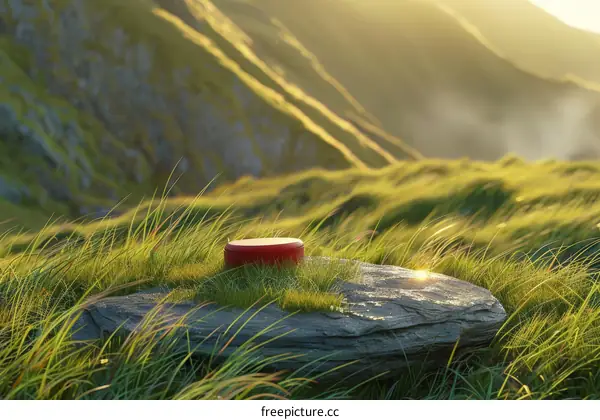 Red Cylinder on Rock in Grassy Field