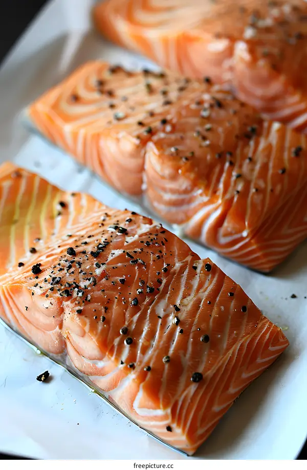 Three pieces of raw salmon fillet with black pepper