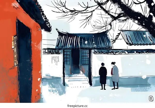 Chinese Watercolor Illustration of Two People in Traditional Courtyard