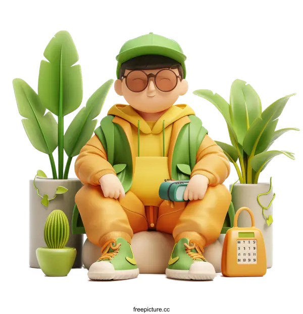 A boy sitting on a rock in a garden