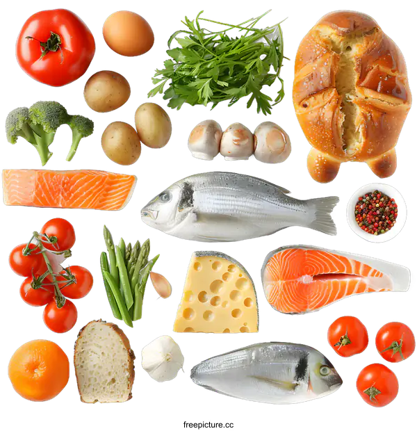 [Transparent Background PNG]Fresh Fish, Vegetables and Bread on White Background