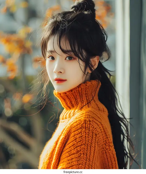 Beautiful Asian Woman with Long Black Hair Wearing an Orange Sweater