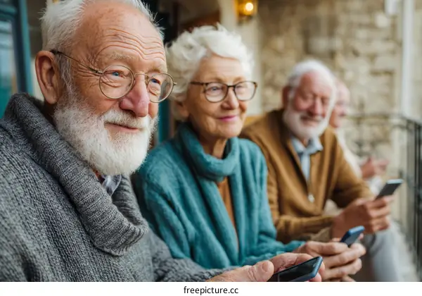Senior Citizens Using Smartphones Outdoors