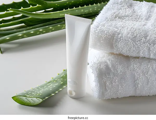 Aloe Vera Plant with White Tube and Towels