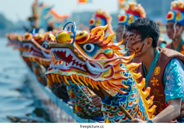 A close up of a dragon boat racer in a traditional dragon boat race.