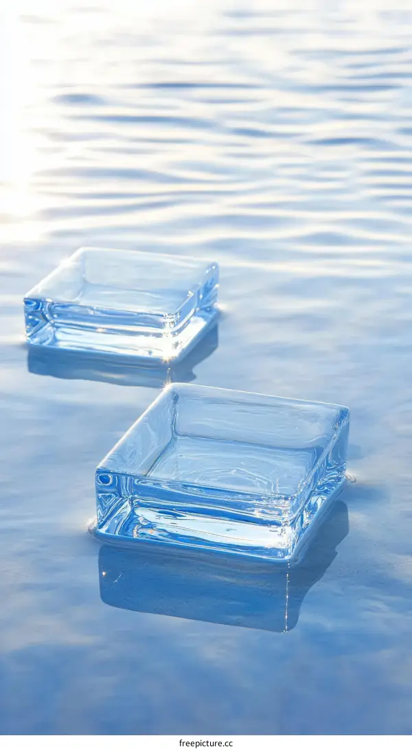 Two Transparent Square Ice Cubes on Water