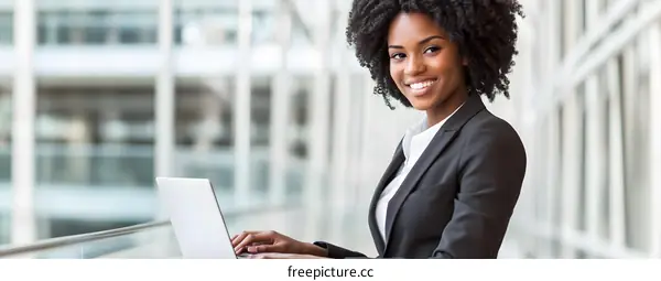Smiling African American Businesswoman Using Laptop In Modern Office Building
