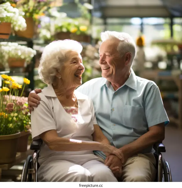 An elderly couple sitting in a greenhouse smiling at each other