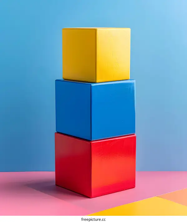 Three blocks stacked vertically in primary colors