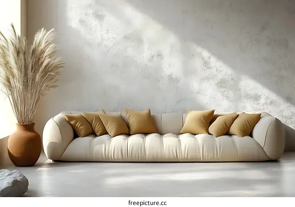 Modern Minimalist Beige Sofa with Mustard Cushions