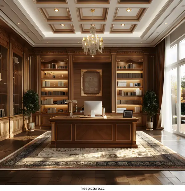 Luxurious wooden home office with large windows