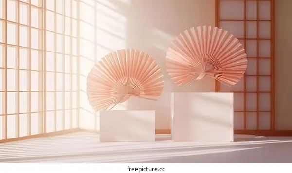 Minimalist Japanese Aesthetic Display Background with Paper Fans