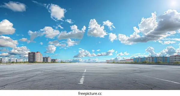 Empty Parking Lot under Blue Sky and White Clouds