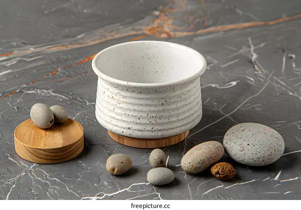 White Ceramic Cup with Wooden Coaster and Stones on Gray Background