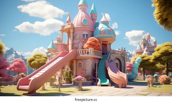 A pink and blue castle with a slide