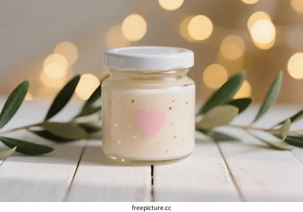 Candle jar with pink heart and golden dots on wooden table