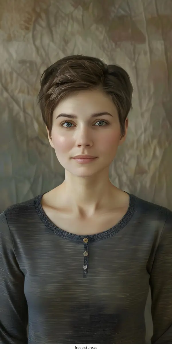 Portrait of a Woman with Short Brown Hair and Green Eyes