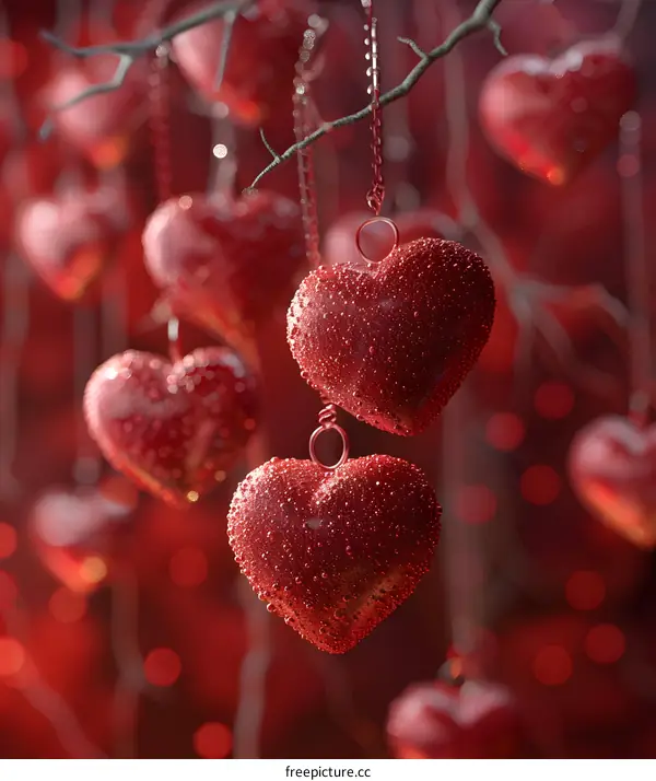 A bunch of crystal clear red heart-shaped ornaments hanging on a branch