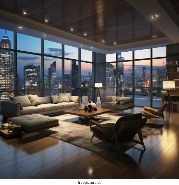 Modern living room interior with city view at night