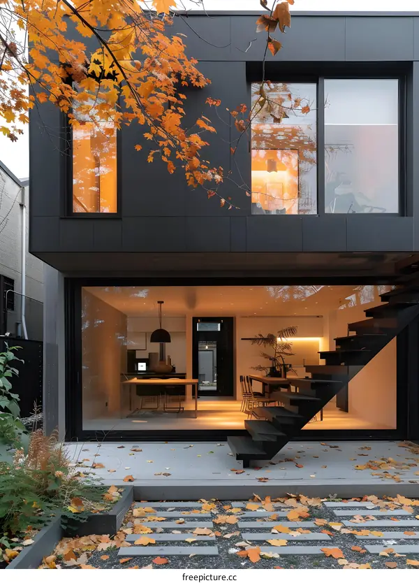 Modern House Exterior with Large Windows and Autumn Leaves