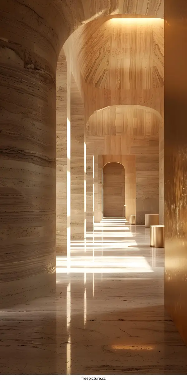 Elegant hotel lobby interior with stone columns and arches