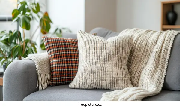 Cozy Living Room Sofa with Decorative Pillows and Throw