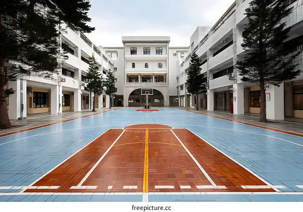 Empty School Basketball Court Surrounded by Buildings