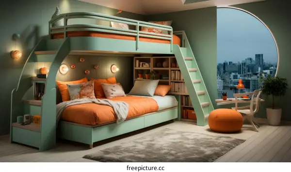 A Stylish and Modern Bunk Bed with a Desk and Bookshelf
