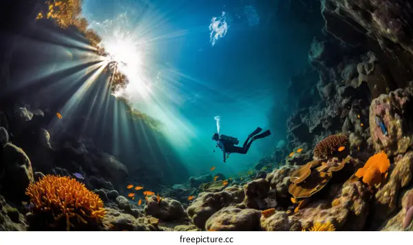 Scuba diver exploring a coral reef with abundant and colorful fish
