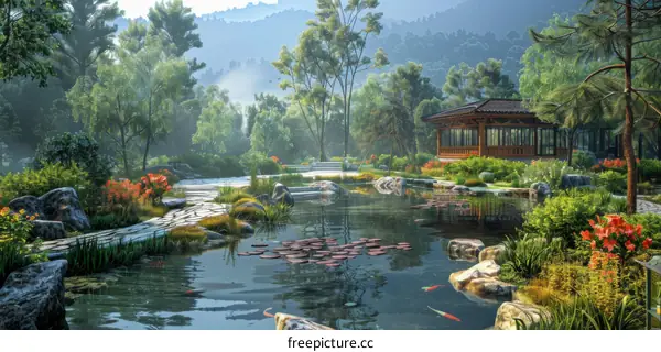 Elegant Chinese Garden with Pond, Lotus, and Traditional Architecture