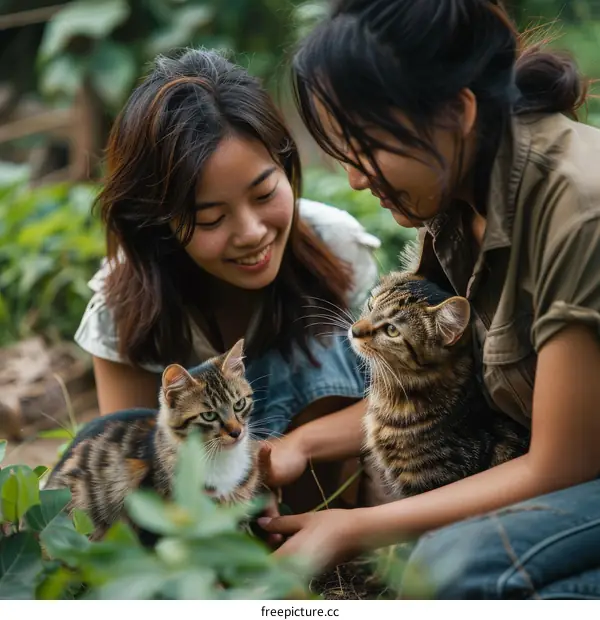 Two Asian women petting two cats outside
