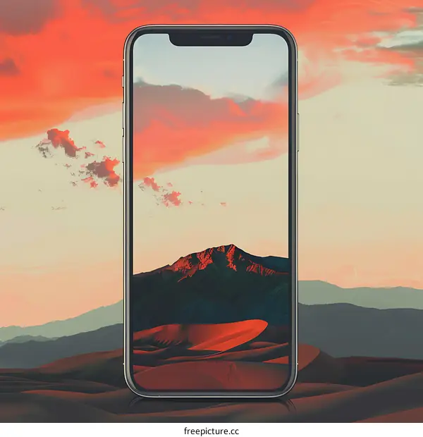 Smartphone Displaying Desert Landscape Under Orange Sky